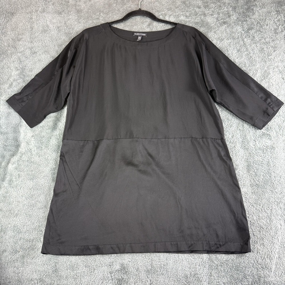Eileen‎ Fisher Silk Tunic Blouse XXS Mixed Media 3/4 Sleeve Minimalist Black